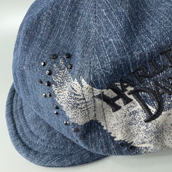 Harley Davidson Blue Denim Newsboy Gatsby Women's Hat Cap Medium Studded - Picture 7 of 13